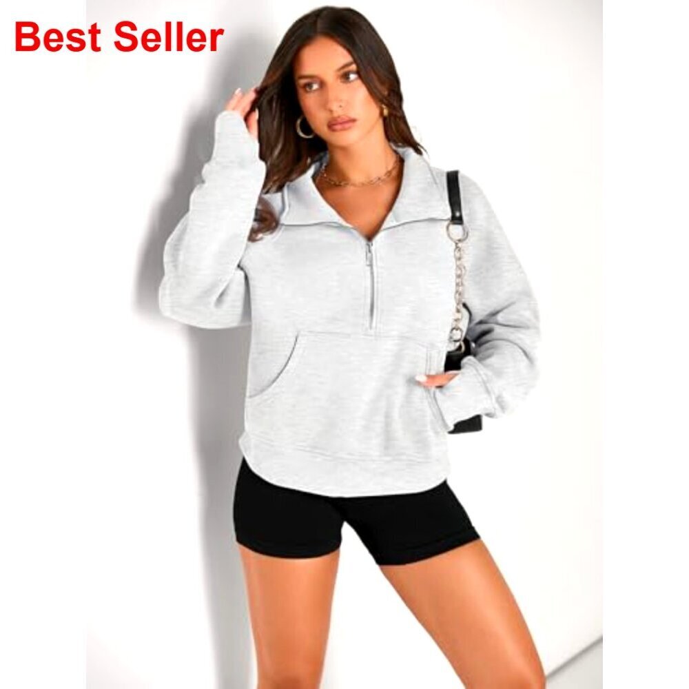 Women's Half Zip Cropped Fleece Pullover Hoodie with Thumb Holes and Pockets - Picture 2 of 7